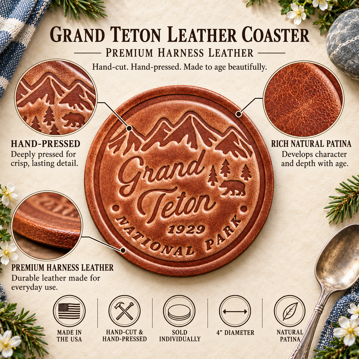 Grand Teton National Park Leather Coaster
