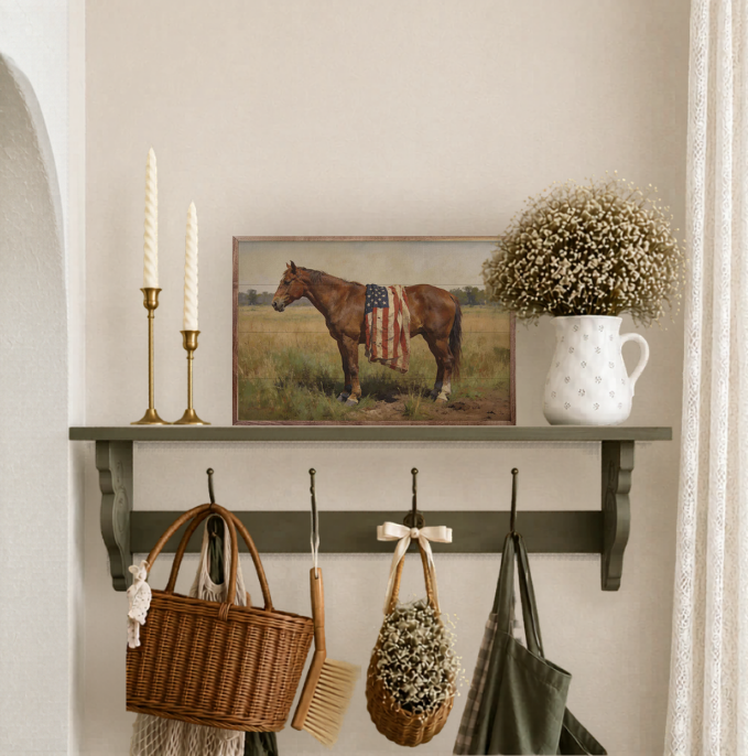 Bay Mare Horse with American Flag Americana Wall Art