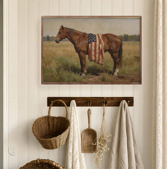 Bay Mare Horse with American Flag Americana Wall Art