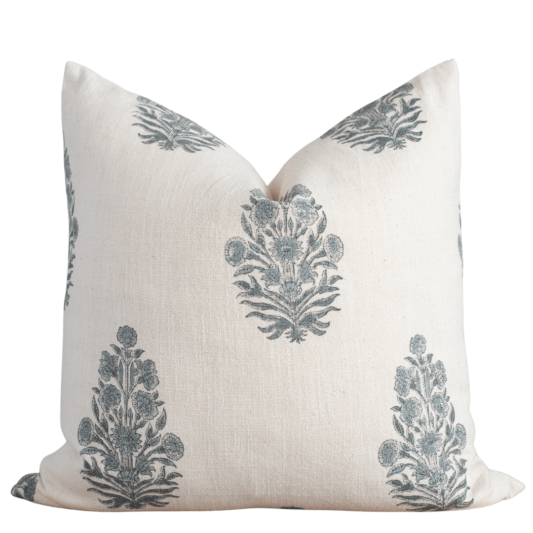 Azure Floral Block Printed Pillow Cover