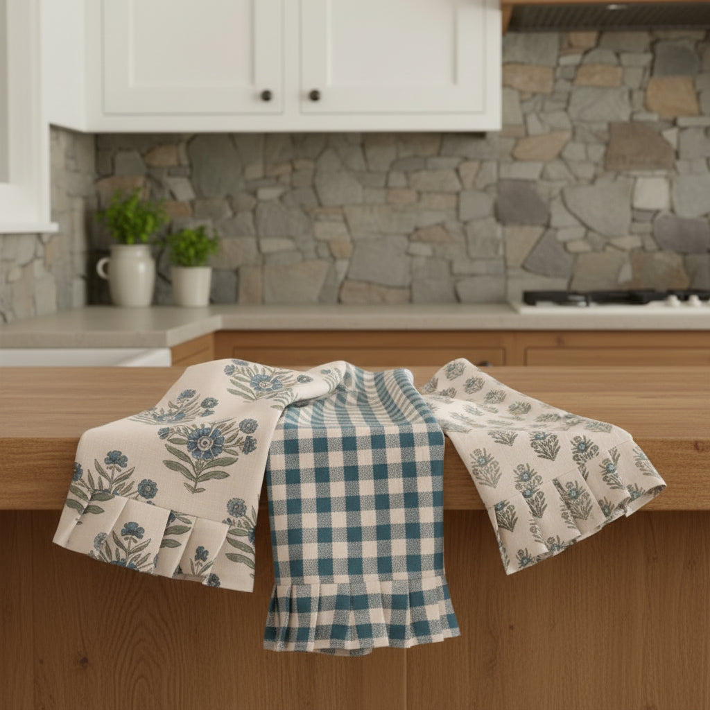 blue patterned tea towels farmhouse kitchen
