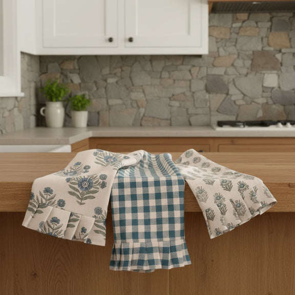 blue patterned tea towels farmhouse kitchen