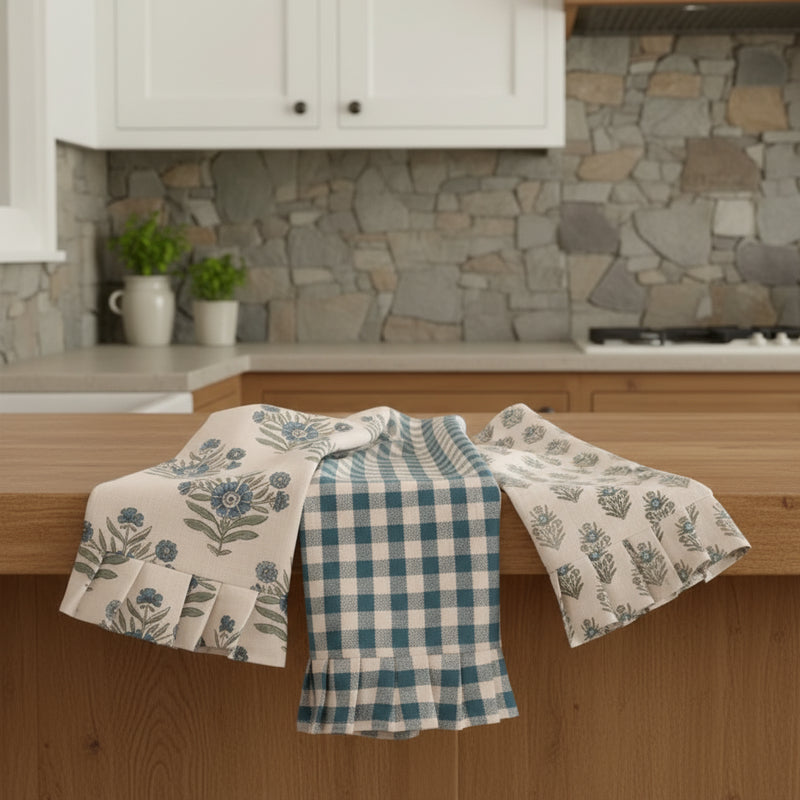 blue patterned tea towels farmhouse kitchen