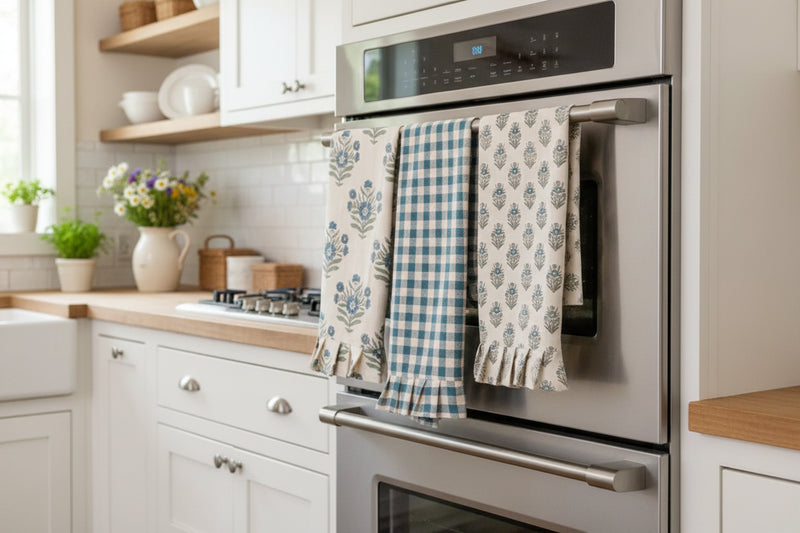 blue block print farmhouse tea towels