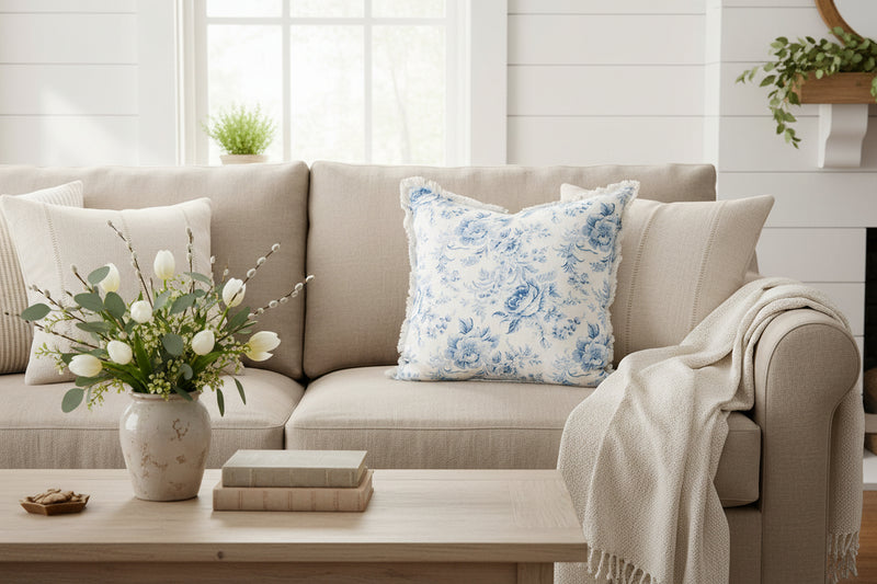 Blue Vintage French Floral Toile Pillow Cover