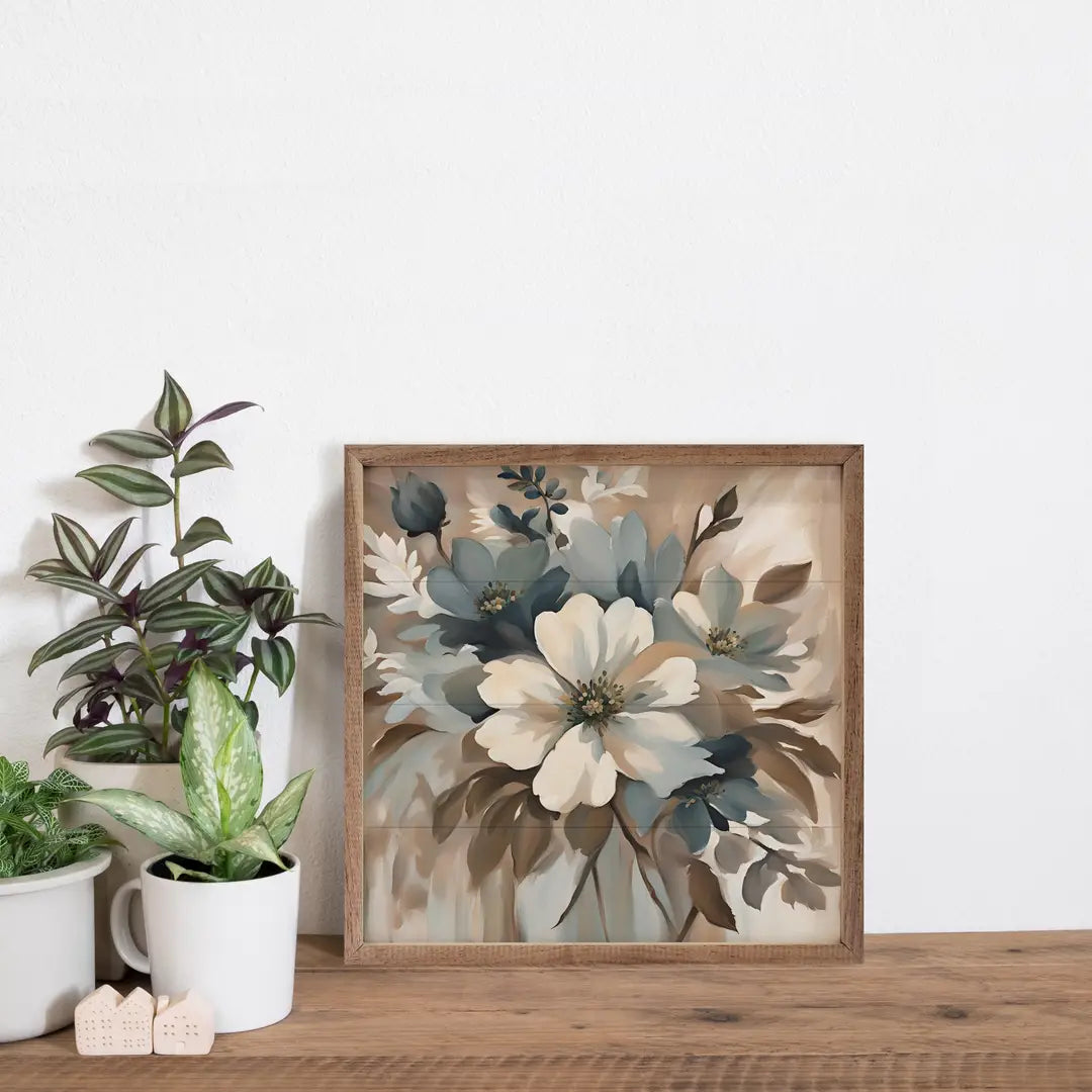 Blue and Tan Floral Display Wall Sign