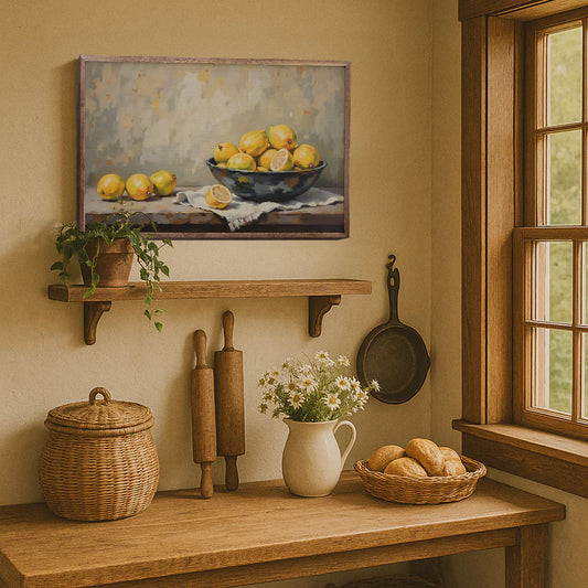 Bowl of lemons wall art in farmhouse kitchen decor
