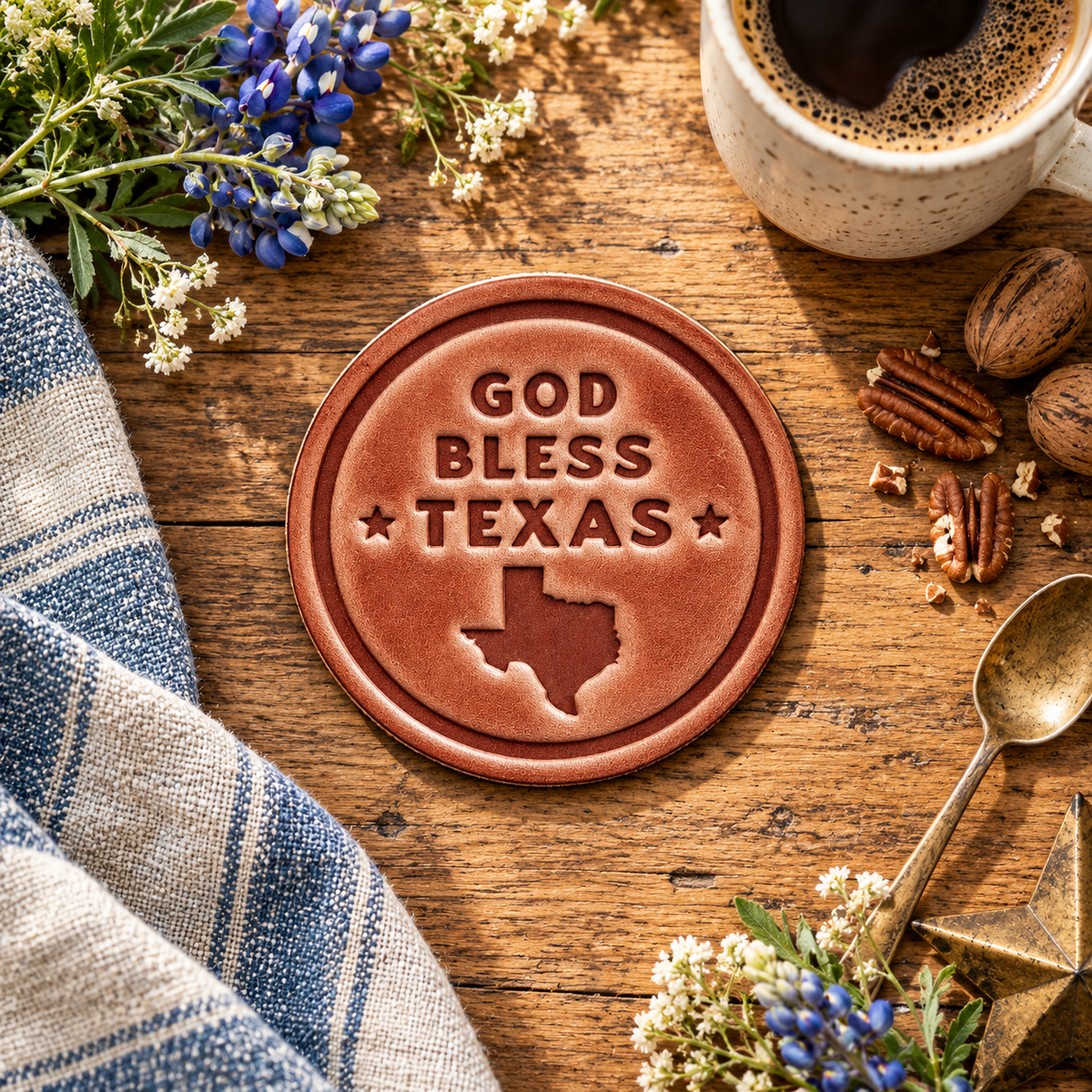 God Bless Texas Leather Coaster