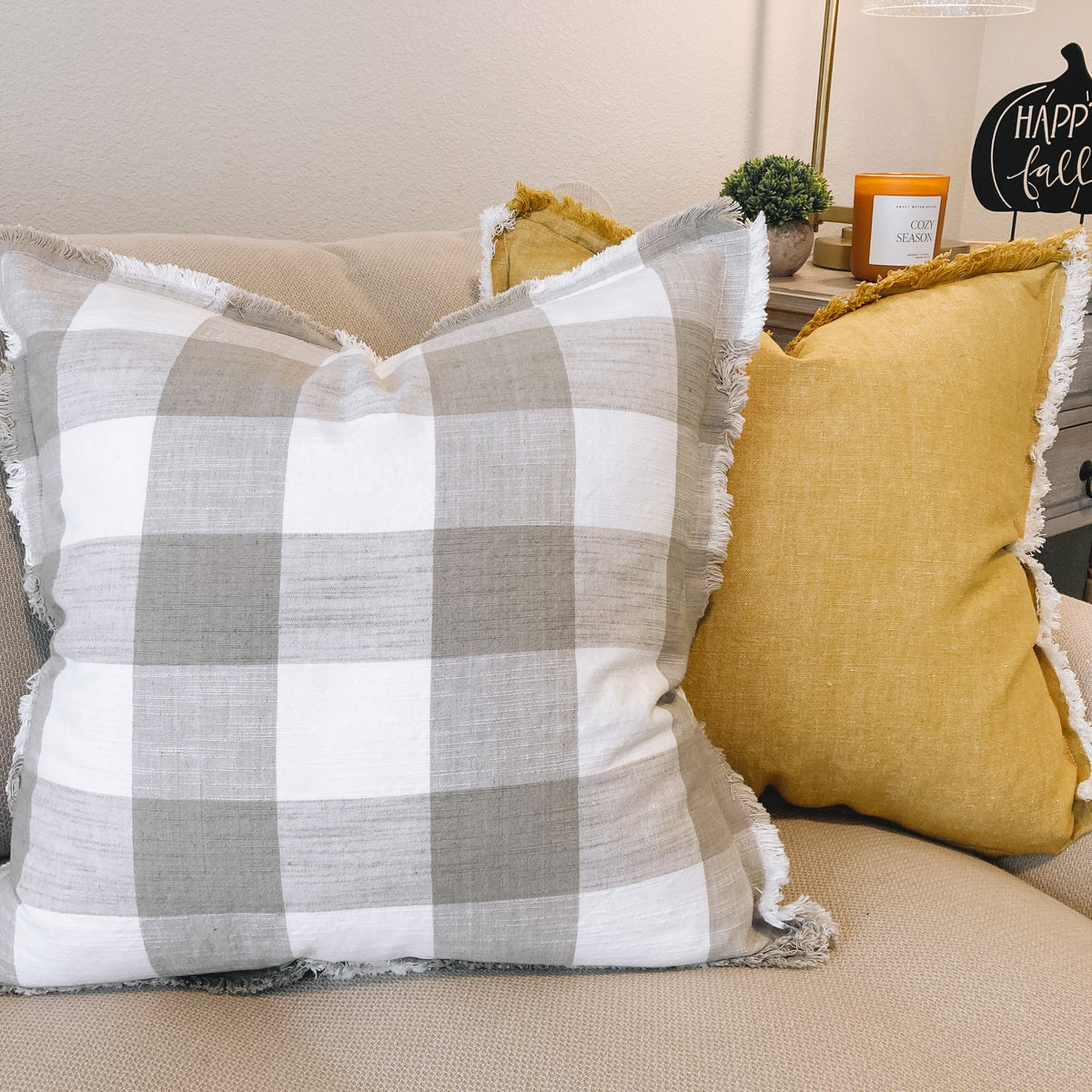 Buffalo Check Fringe Pillow Cover - Taupe