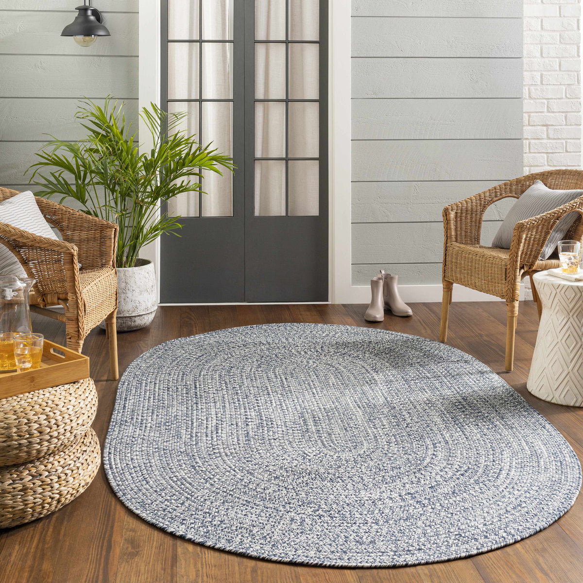 Blue Braided Faux Jute Outdoor Rug