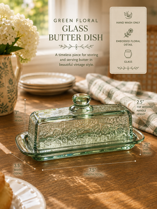 Green Floral Cottage Glass Butter Dish