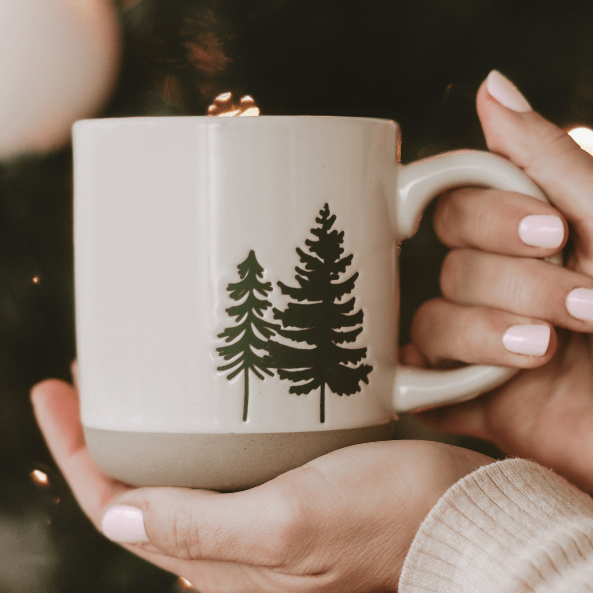 Green Trees Cream Stoneware Coffee Mug | 14 oz