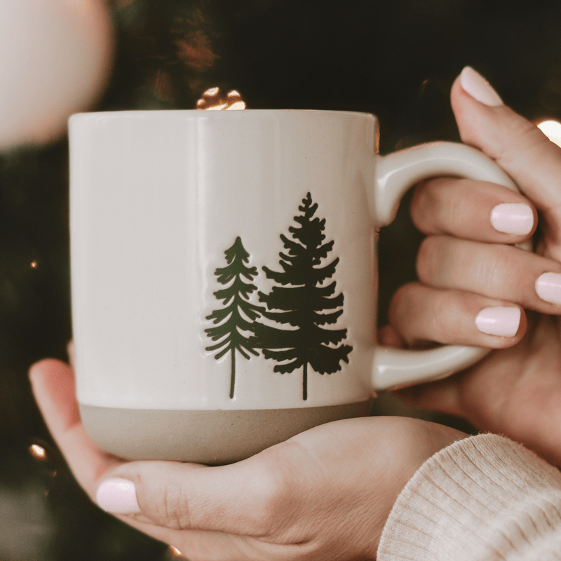 Green Trees Cream Stoneware Coffee Mug | 14 oz