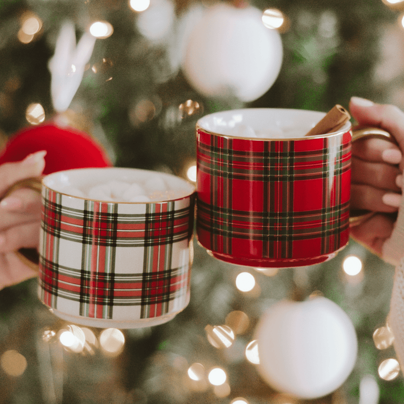 Red Plaid Gold Handle Coffee Mug | 14 oz