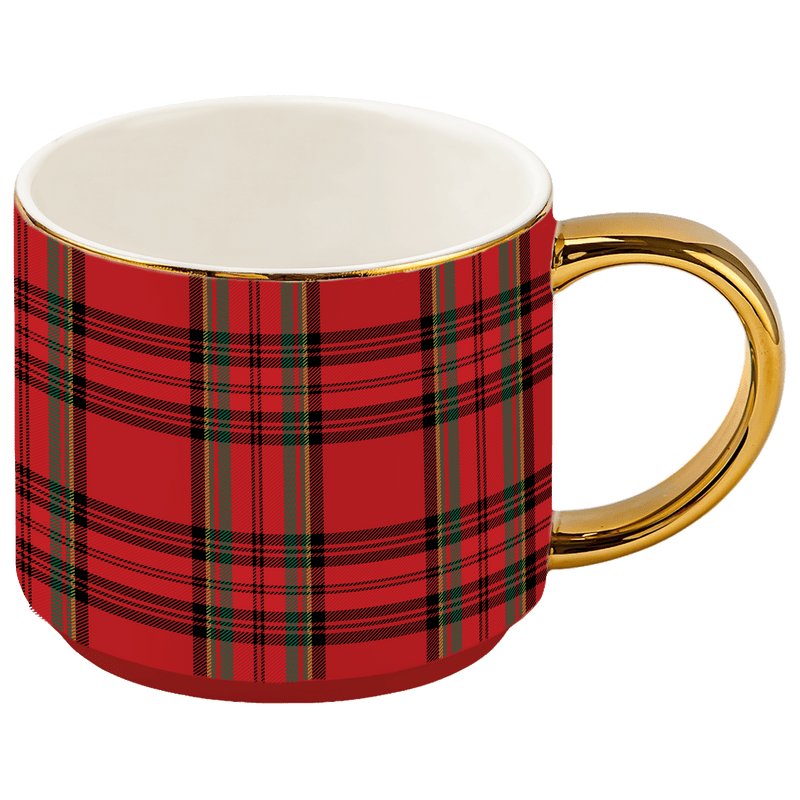 Red Plaid Gold Handle Coffee Mug | 14 oz