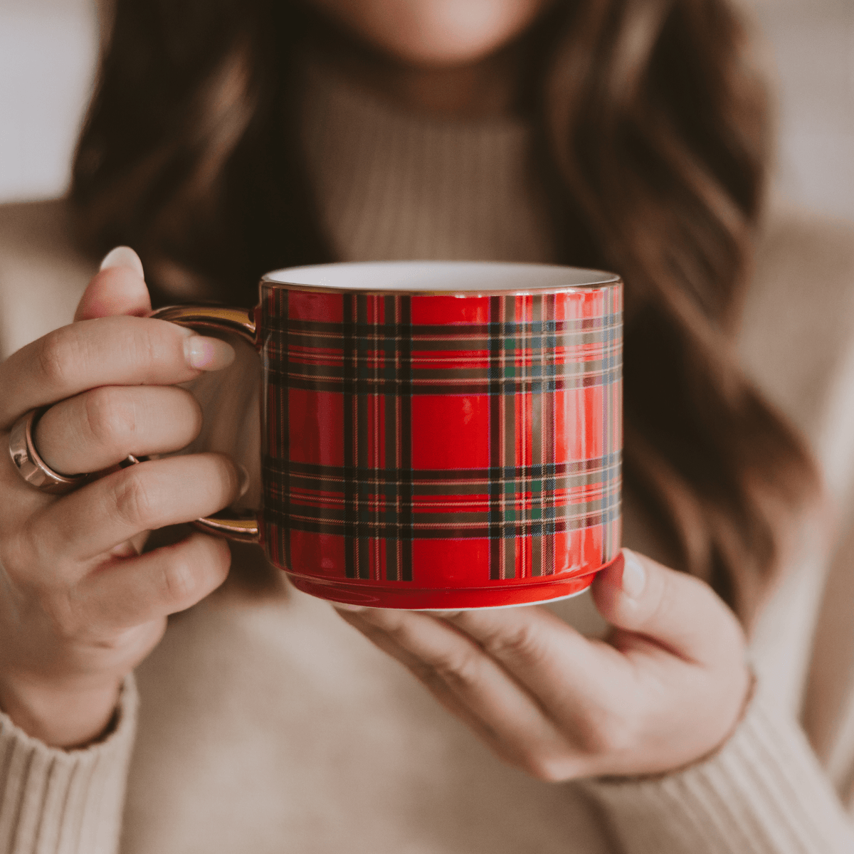 Red Plaid Gold Handle Coffee Mug | 14 oz