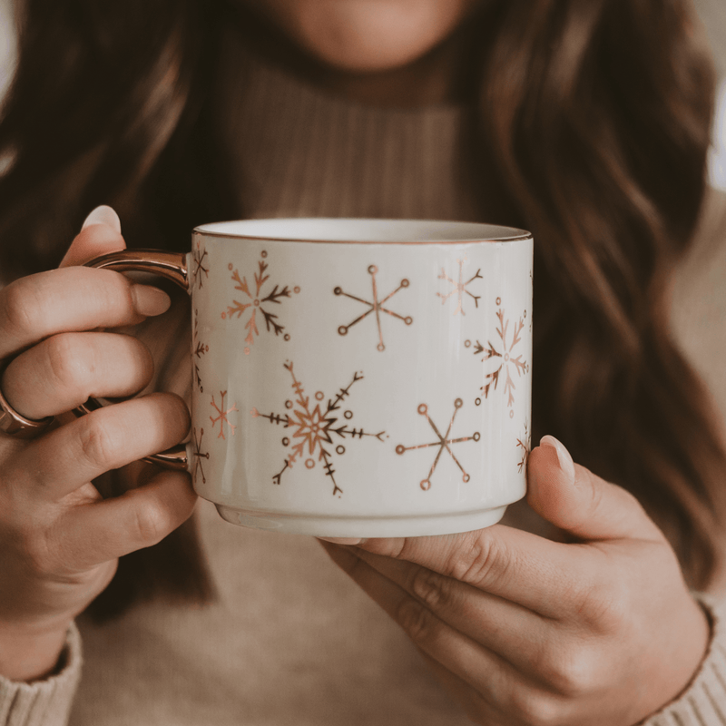 Gold Snowflakes Gold Handle Coffee Mug | 14 oz