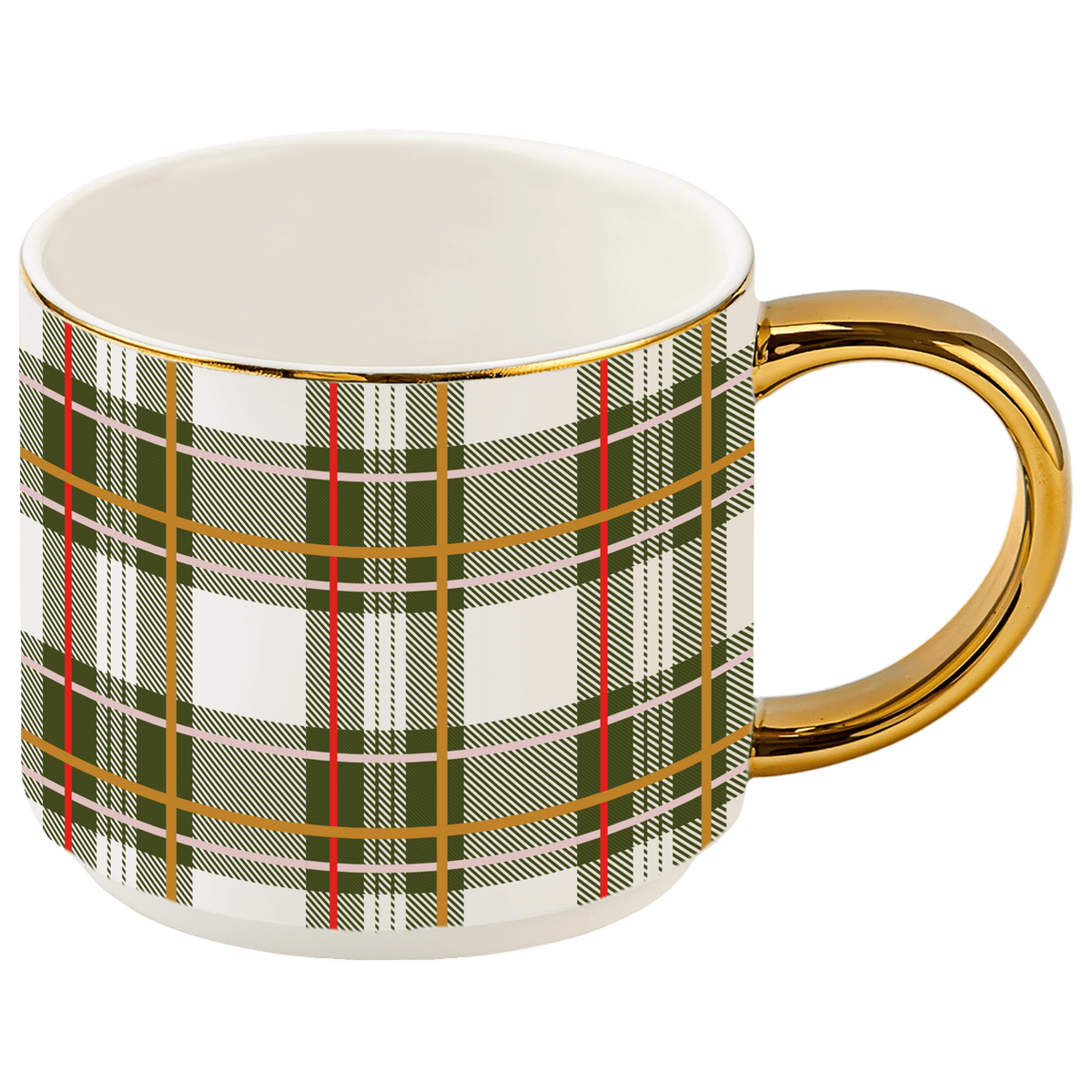 Green Plaid Gold Handle Coffee Mug | 14 oz