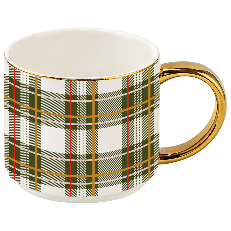 Green Plaid Gold Handle Coffee Mug | 14 oz