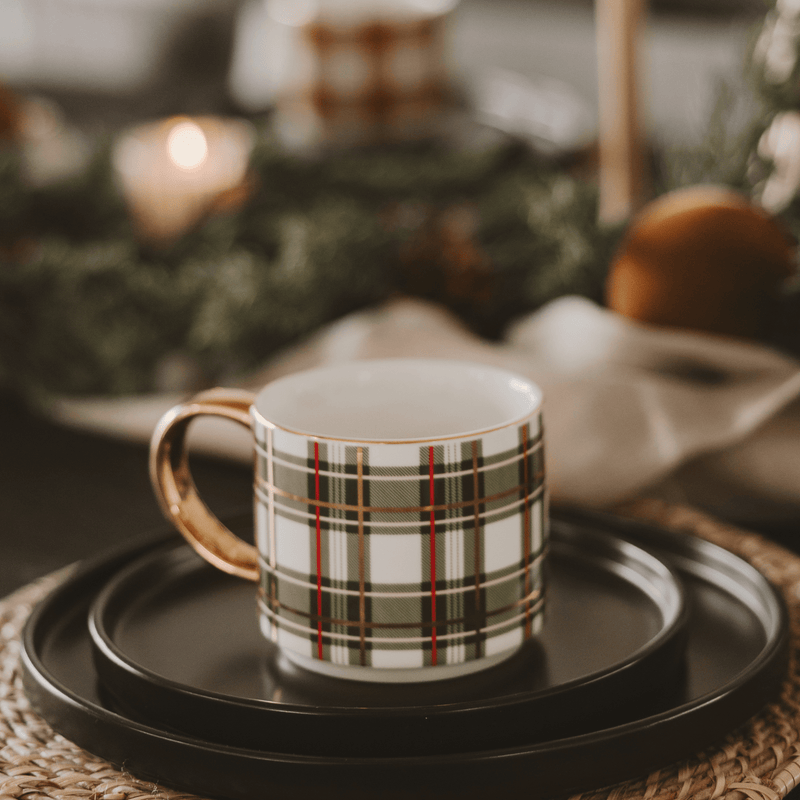 Green Plaid Gold Handle Coffee Mug | 14 oz