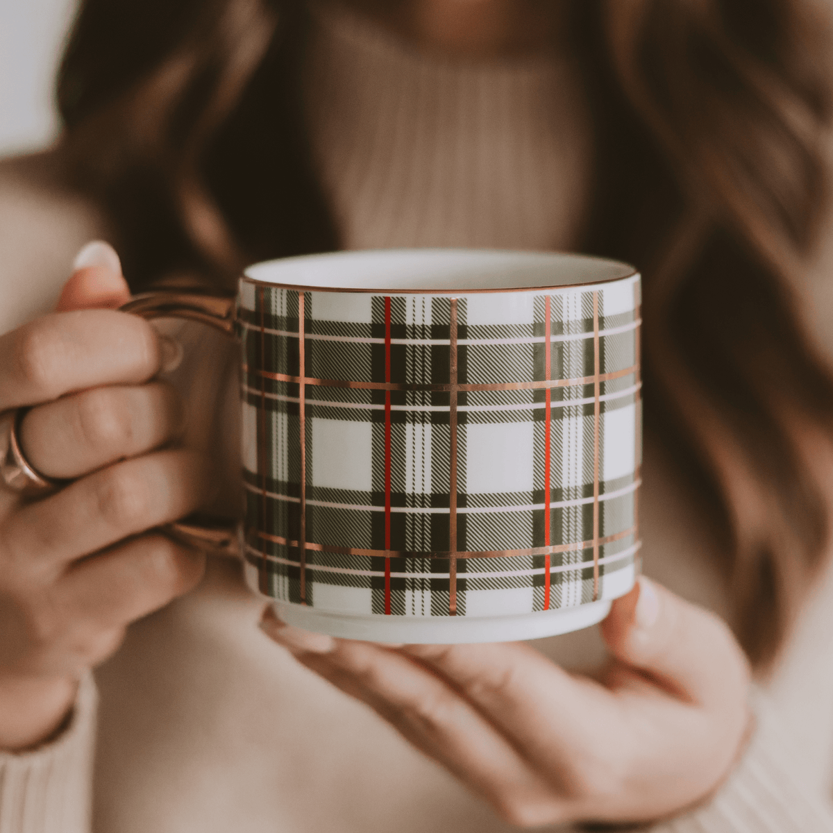 Green Plaid Gold Handle Coffee Mug | 14 oz