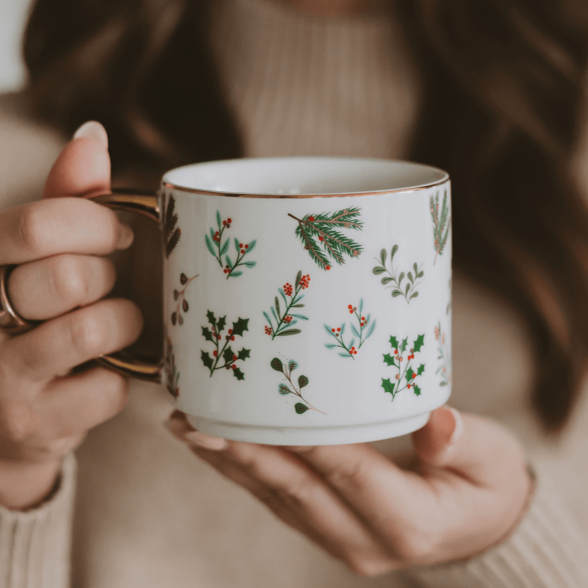 Holiday Greenery Gold Handle Coffee Mug | 14 oz