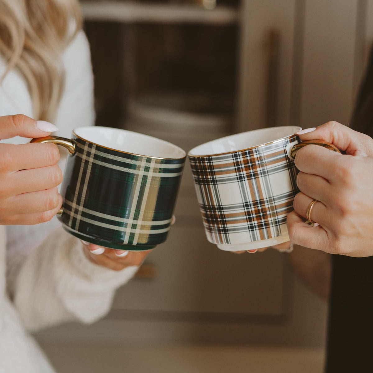 Navy Plaid Gold Handle Coffee Mug