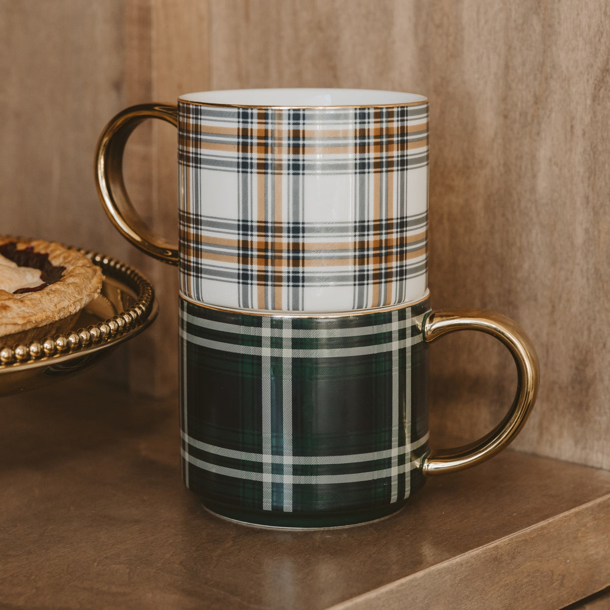 Orange Navy Plaid Gold Handle Coffee Mug