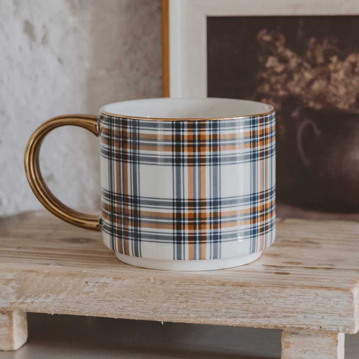 Orange Navy Plaid Gold Handle Coffee Mug