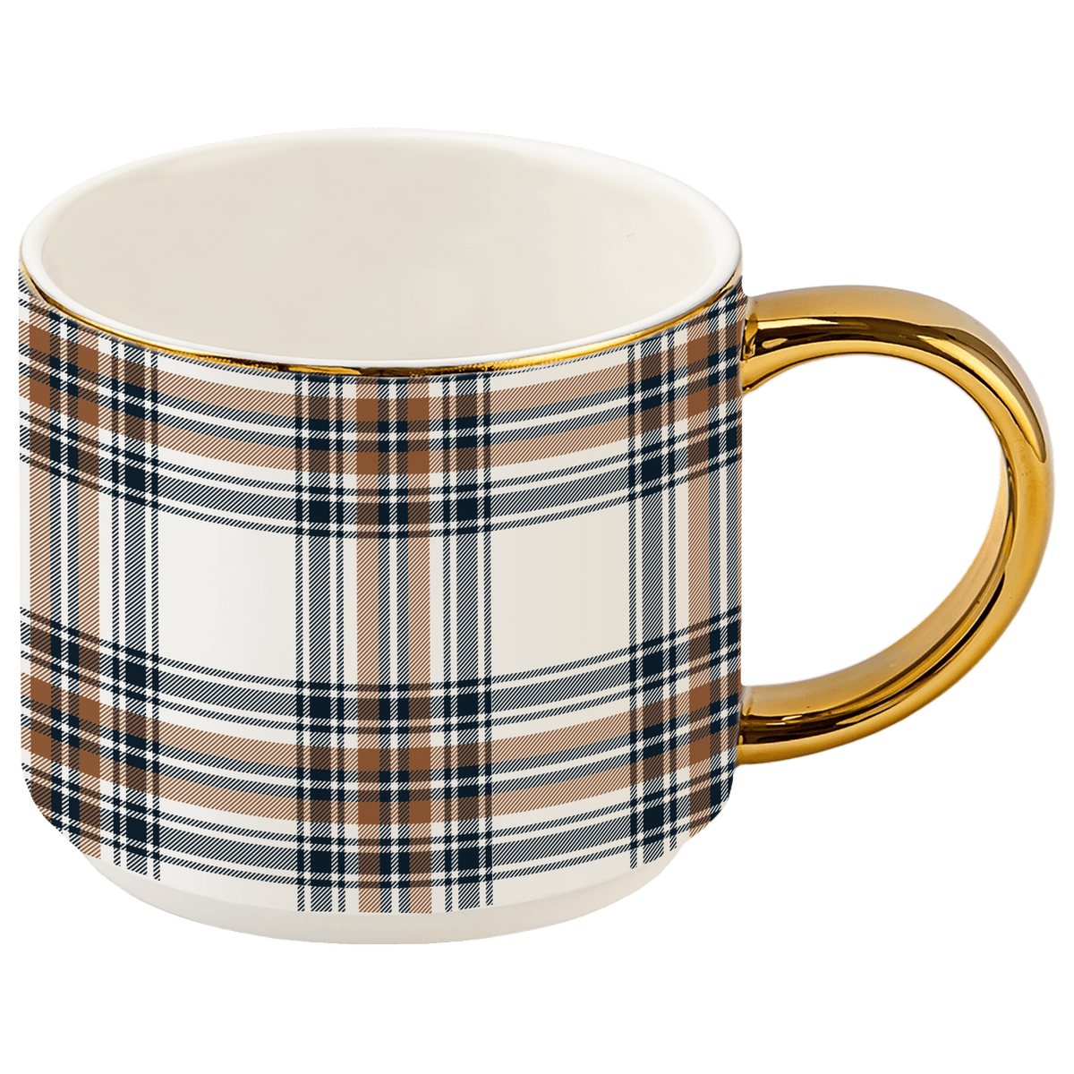 Orange Navy Plaid Gold Handle Coffee Mug