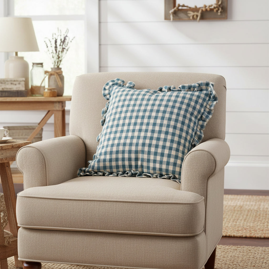 Carolina Blue Check Ruffled Pillow