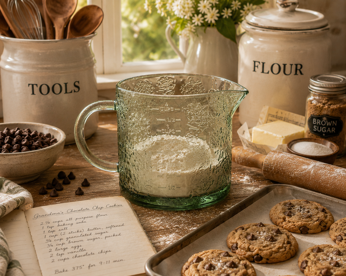 Green Floral Cottage Farmhouse Glass Measuring Cup - Large