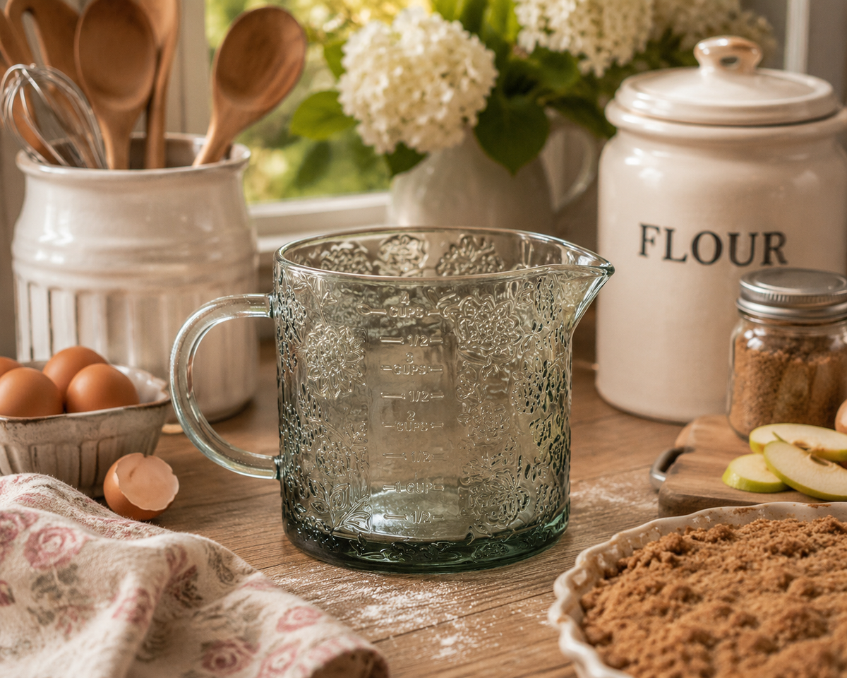 Green Floral Cottage Farmhouse Glass Measuring Cup - Large
