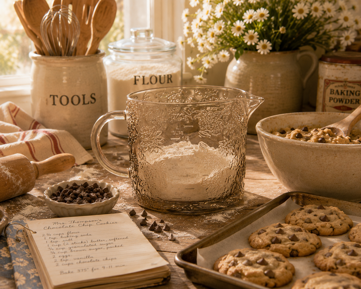 Beige Floral Cottage Farmhouse Glass Measuring Cup - Large