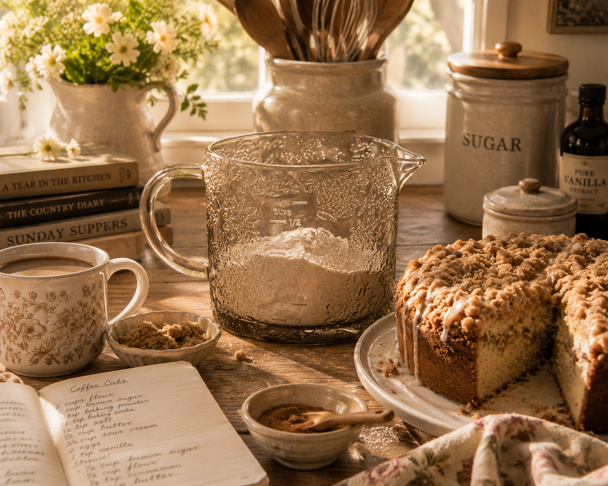 Beige Floral Cottage Farmhouse Glass Measuring Cup - Large