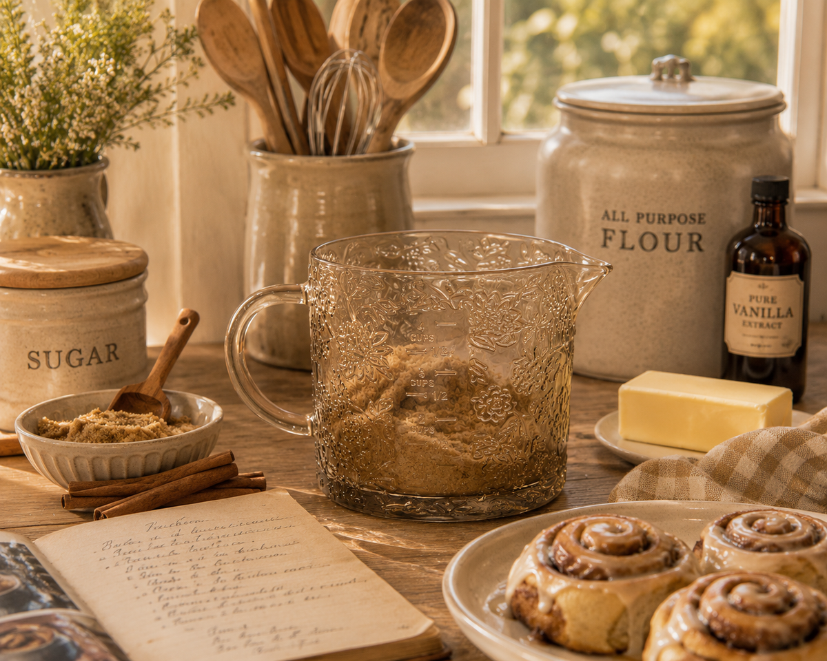 Beige Floral Cottage Farmhouse Glass Measuring Cup - Large