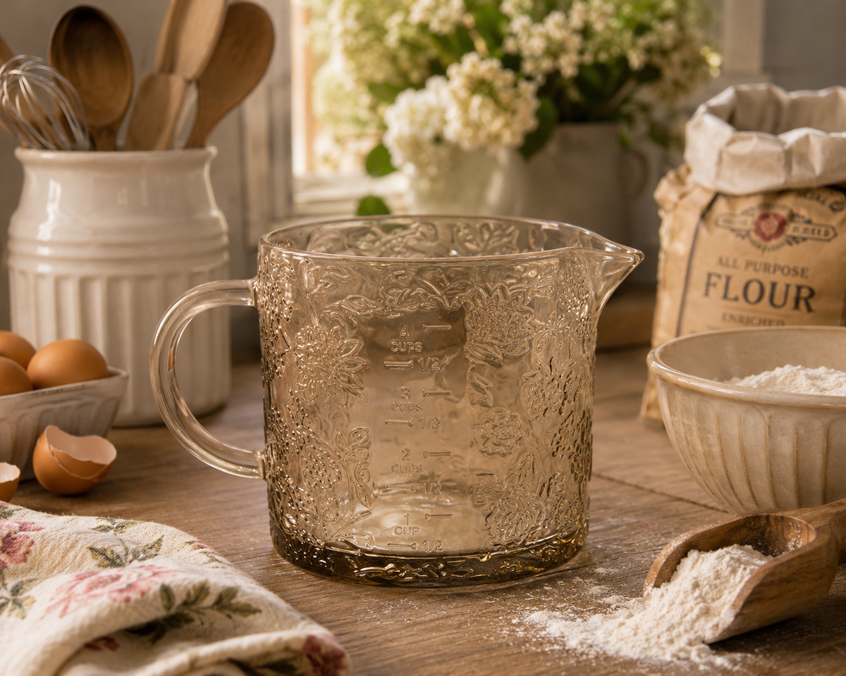 Beige Floral Cottage Farmhouse Glass Measuring Cup - Large