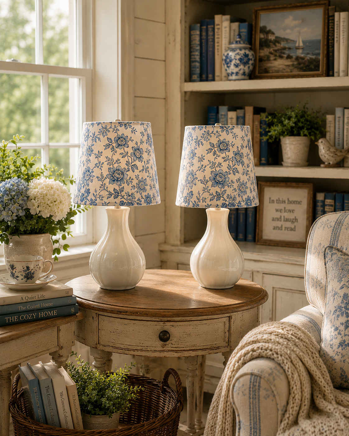 Blue Floral Toile Accent Lamps - Set of 2