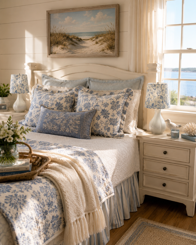Blue Floral Toile Accent Lamps - Set of 2