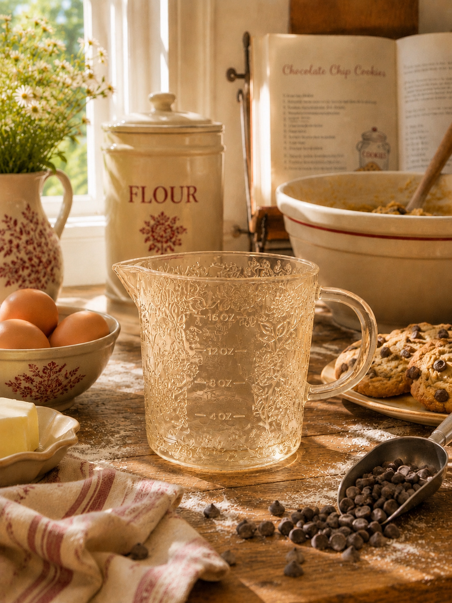 Beige Floral Cottage Farmhouse Glass Measuring Cup