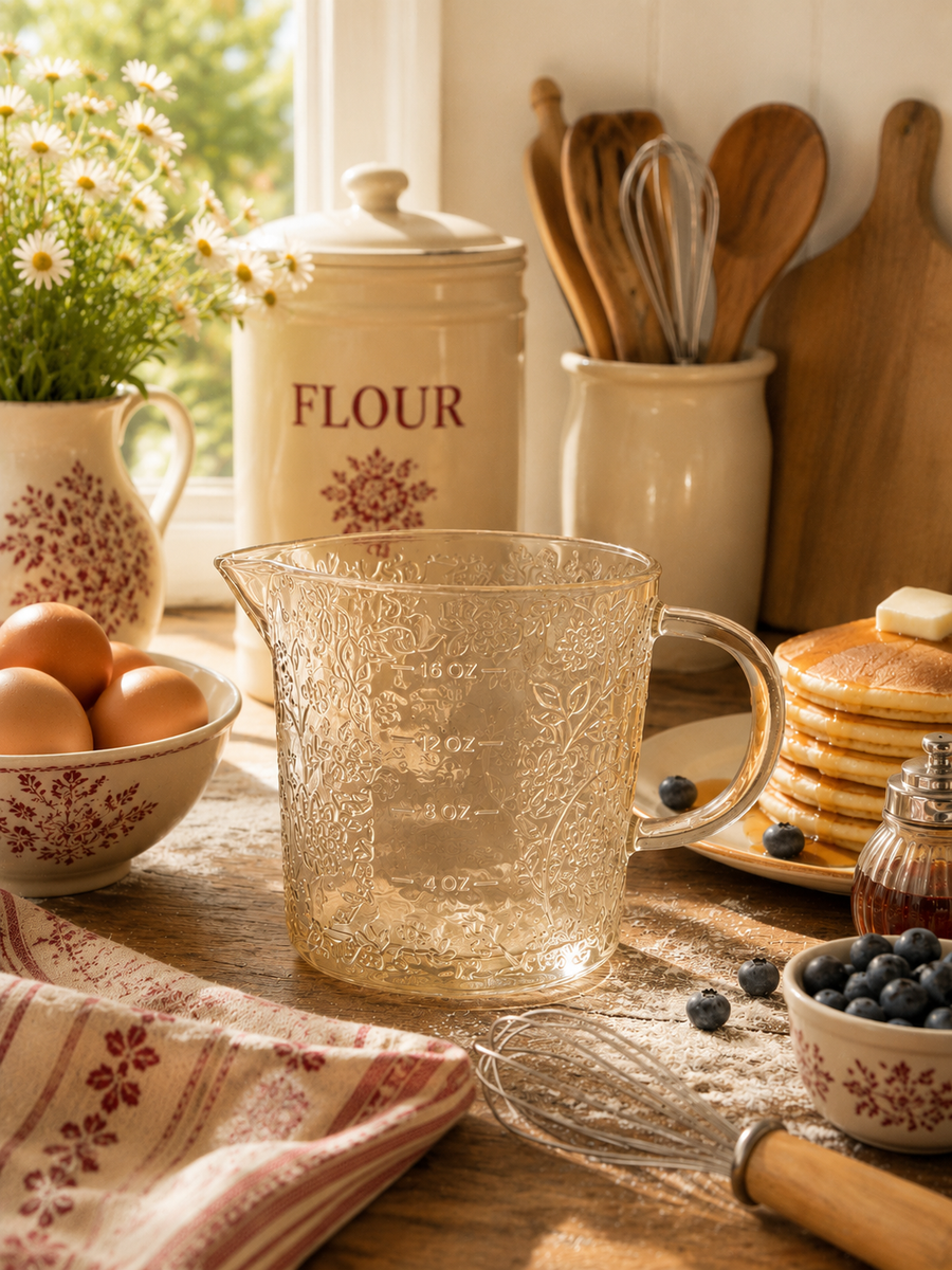 Beige Floral Cottage Farmhouse Glass Measuring Cup