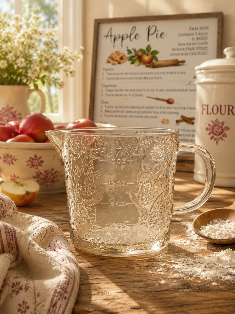 Beige Floral Cottage Farmhouse Glass Measuring Cup