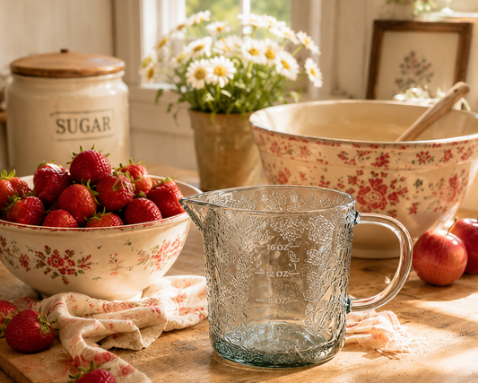 Floral Glass Measuring Cup - Green