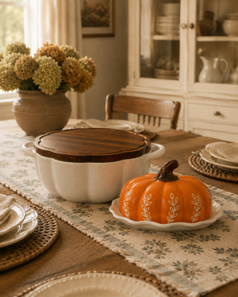Ceramic Pumpkin Baking Dish | Wood Lid