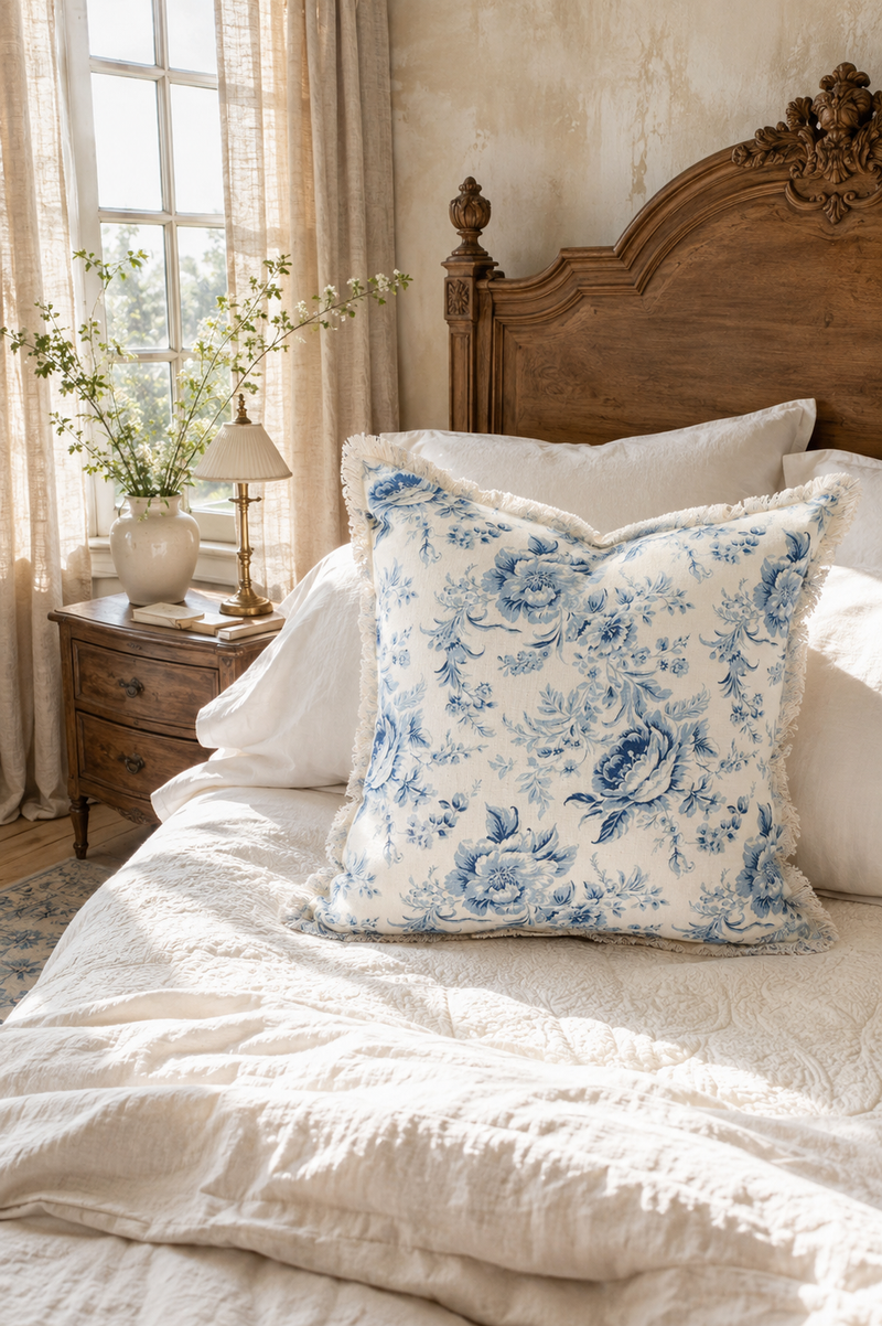 Blue Vintage French Floral Toile Pillow Cover