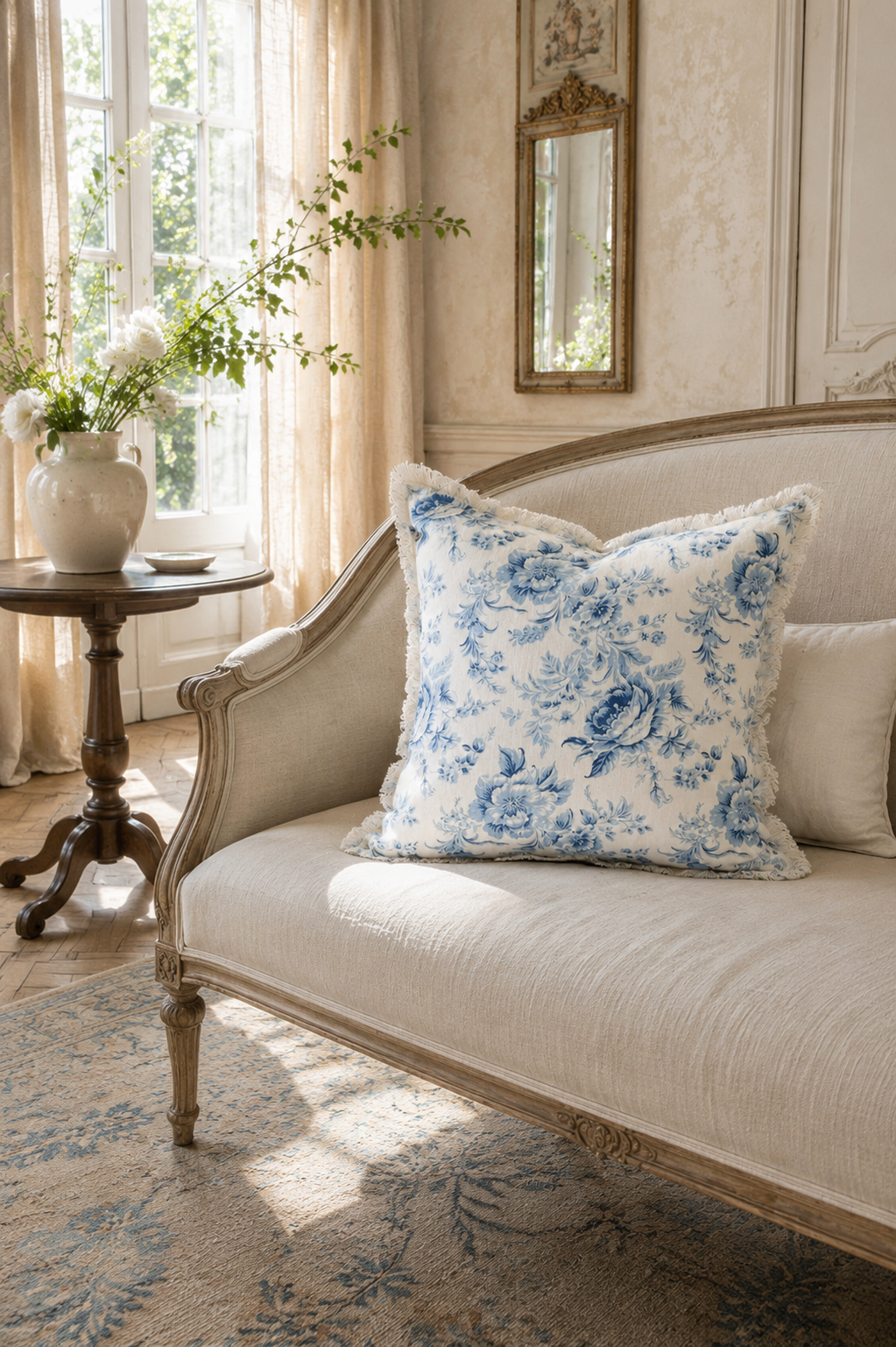 Blue Vintage French Floral Toile Pillow Cover