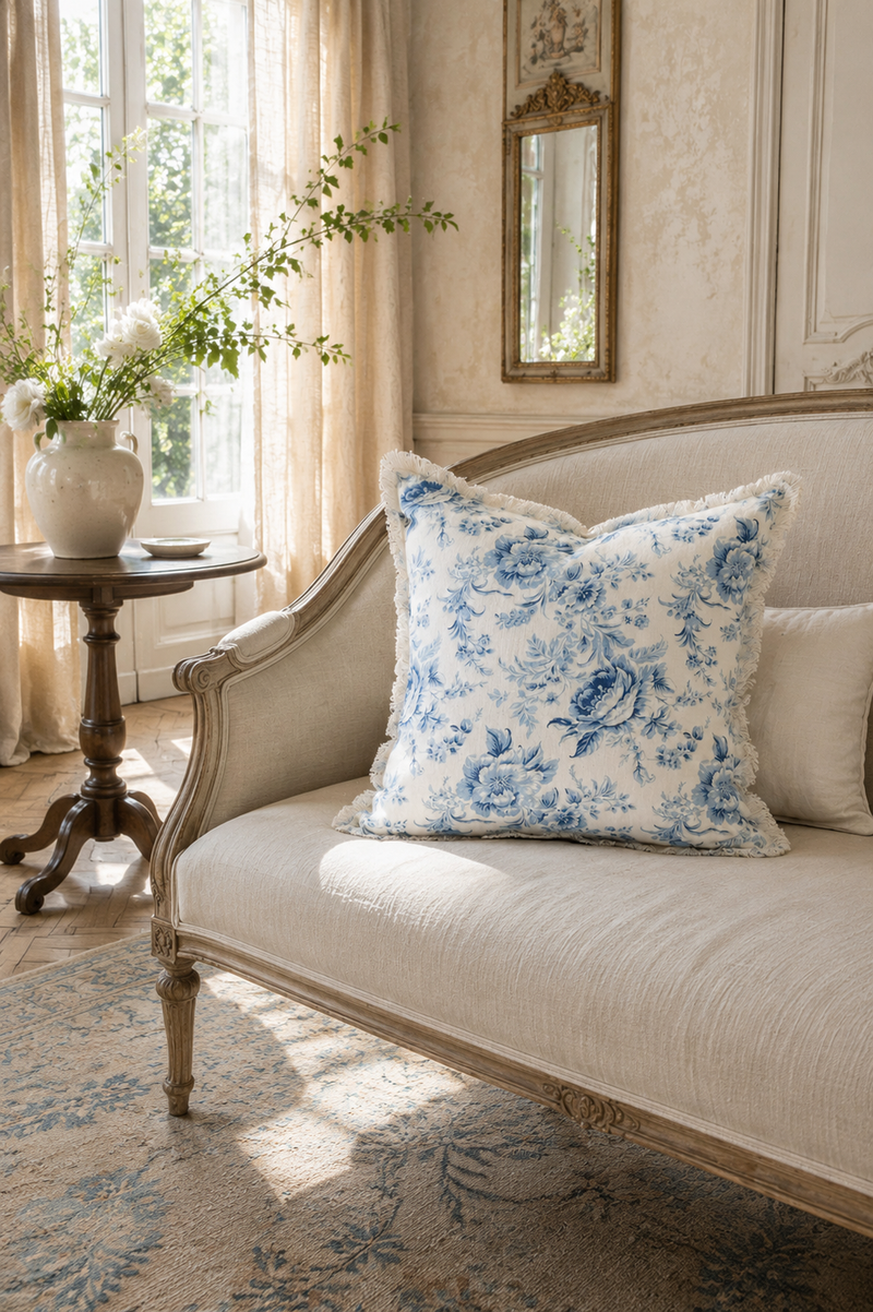 Blue Vintage French Floral Toile Pillow Cover