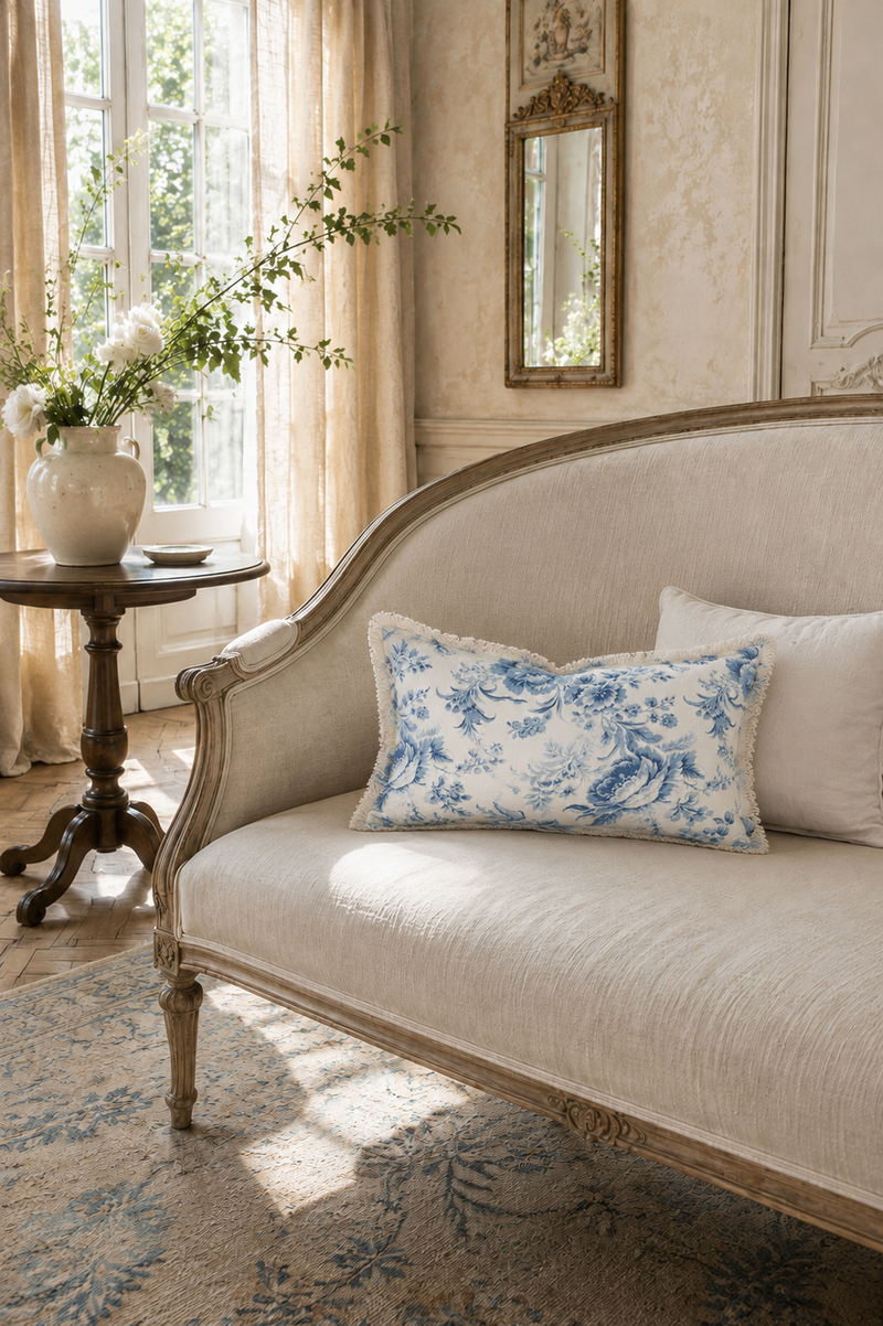 Blue Vintage French Floral Toile Pillow Cover