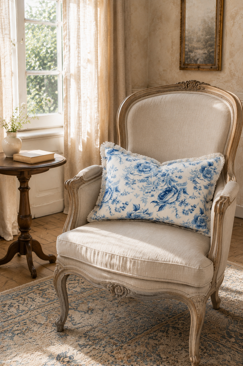 Blue Vintage French Floral Toile Pillow Cover