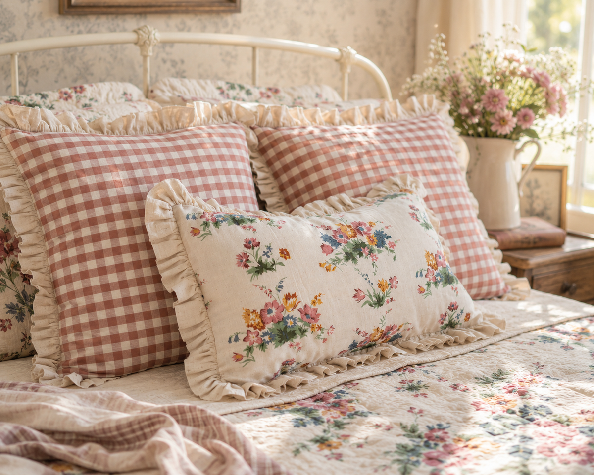 Gingham Floral Cottage Ruffled Cotton Pillow Covers - Set of 3